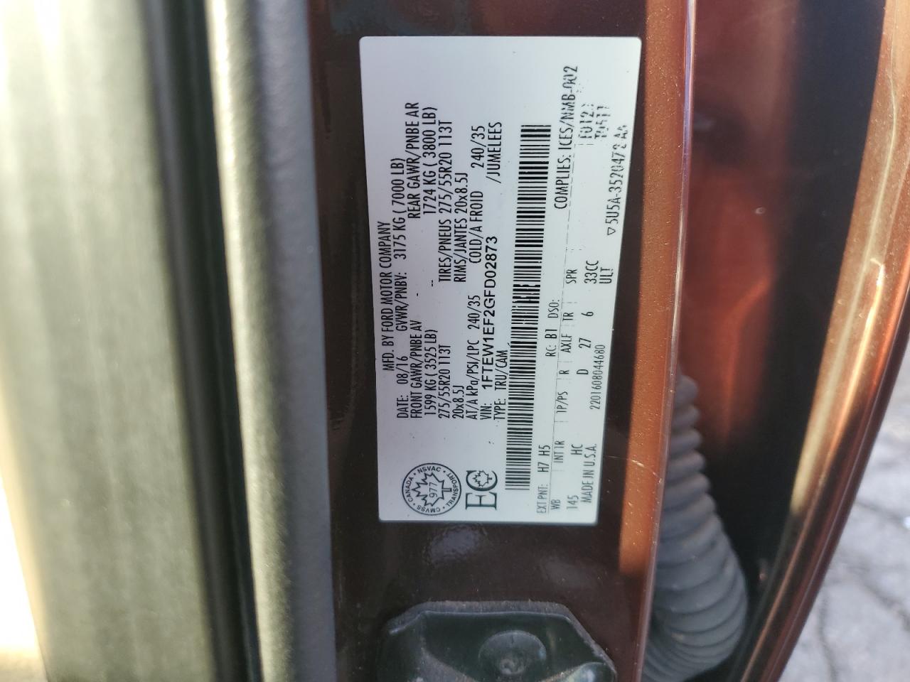 2016 Ford F150 Supercrew VIN: 1FTEW1EF2GFD02873 Lot: 80108015
