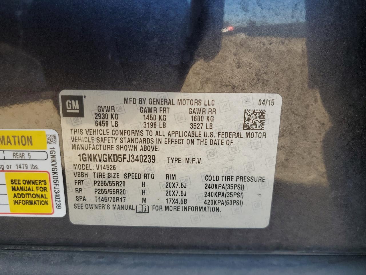 2015 Chevrolet Traverse Lt VIN: 1GNKVGKD5FJ340239 Lot: 81843505