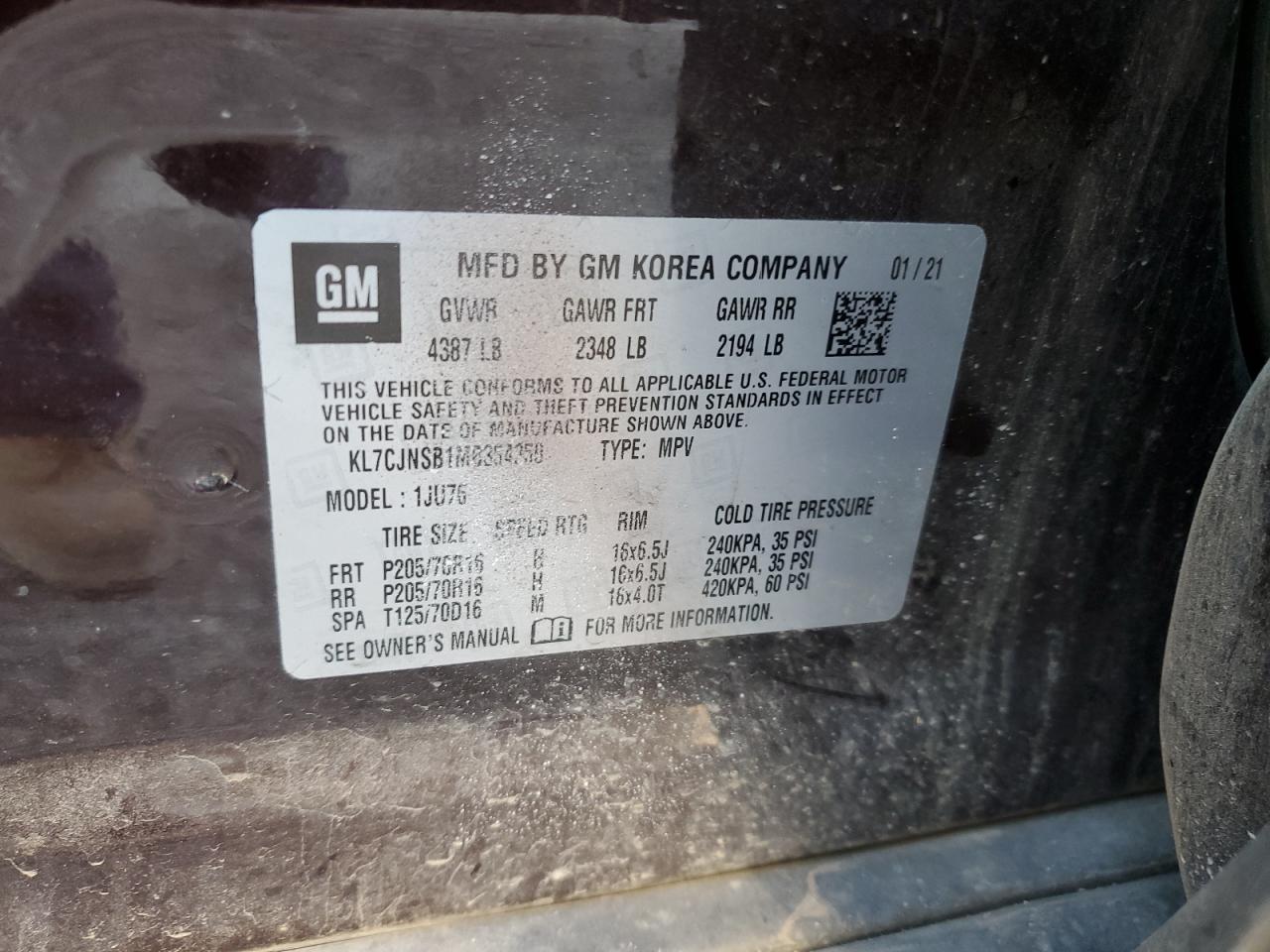 2021 Chevrolet Trax Ls VIN: KL7CJNSB1MB354350 Lot: 80351785