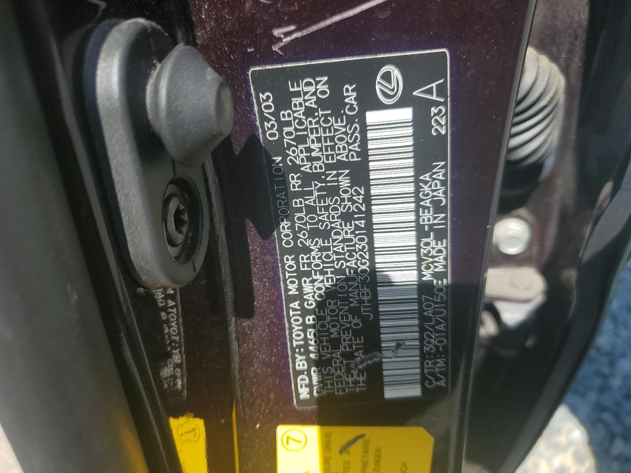 2003 Lexus Es 300 VIN: JTHBF30G230141242 Lot: 83930315