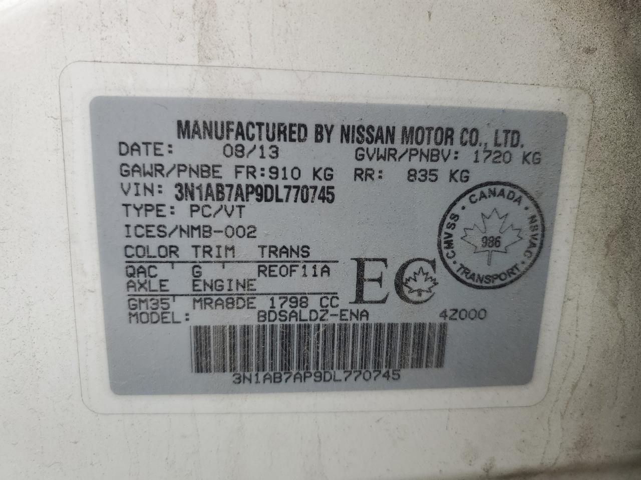 2013 Nissan Sentra S VIN: 3N1AB7AP9DL770745 Lot: 81578375