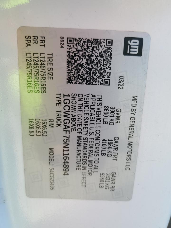 2022 Chevrolet Express G2500 VIN: 1GCWGAF75N1164894 Lot: 71097715