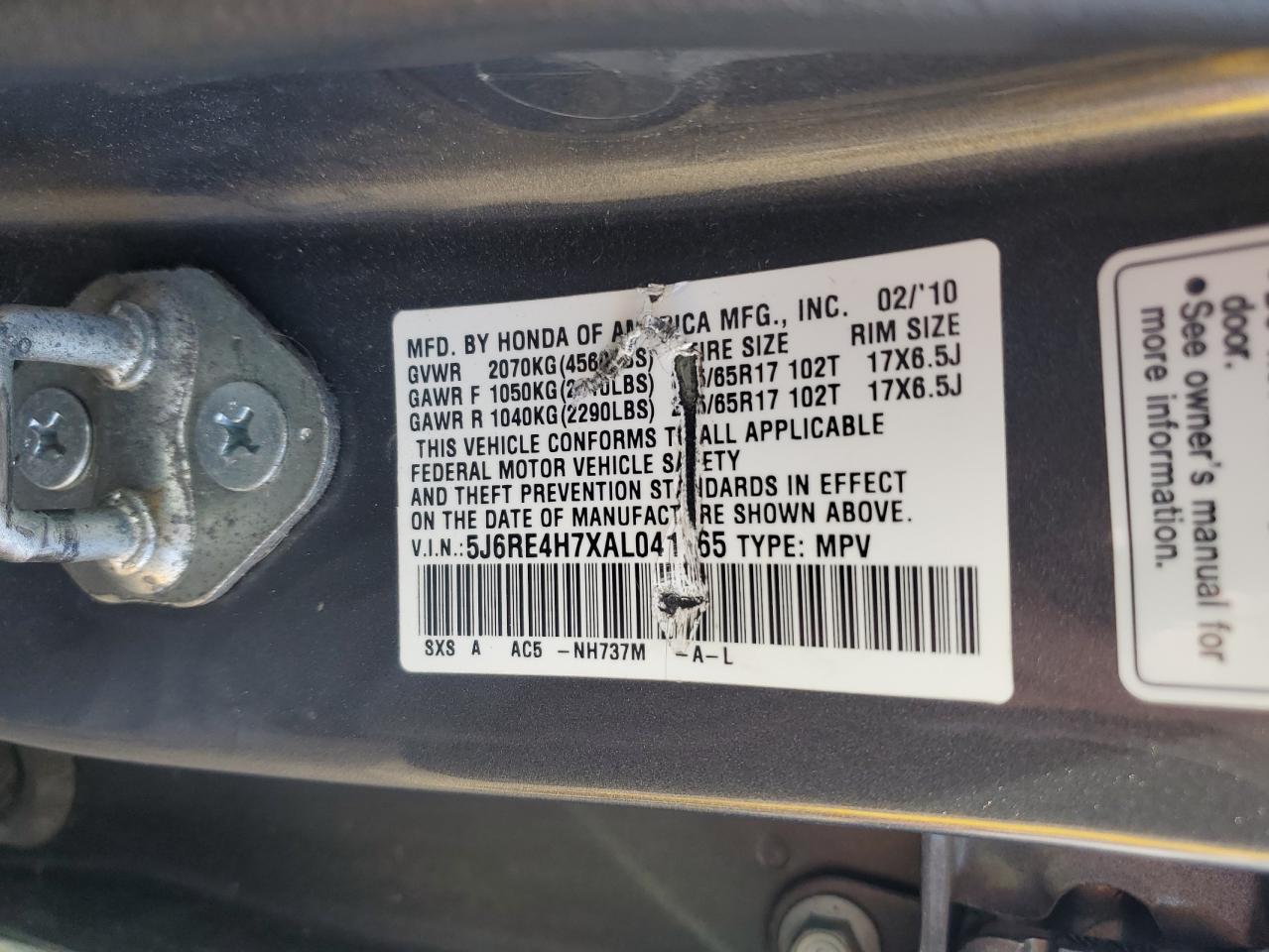 2010 Honda Cr-V Exl VIN: 5J6RE4H7XAL041165 Lot: 80343305