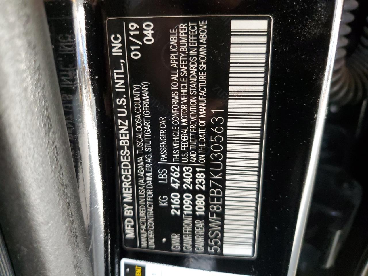 2019 Mercedes-Benz C 300 4Matic VIN: 55SWF8EB7KU305631 Lot: 81035495
