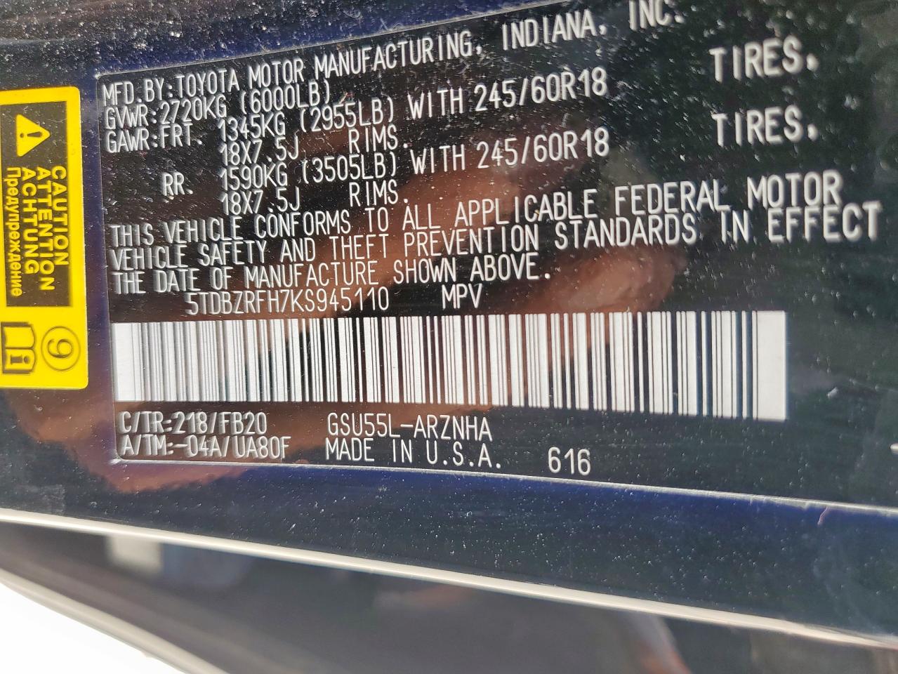 2019 Toyota Highlander Le VIN: 5TDBZRFH7KS945110 Lot: 68960885