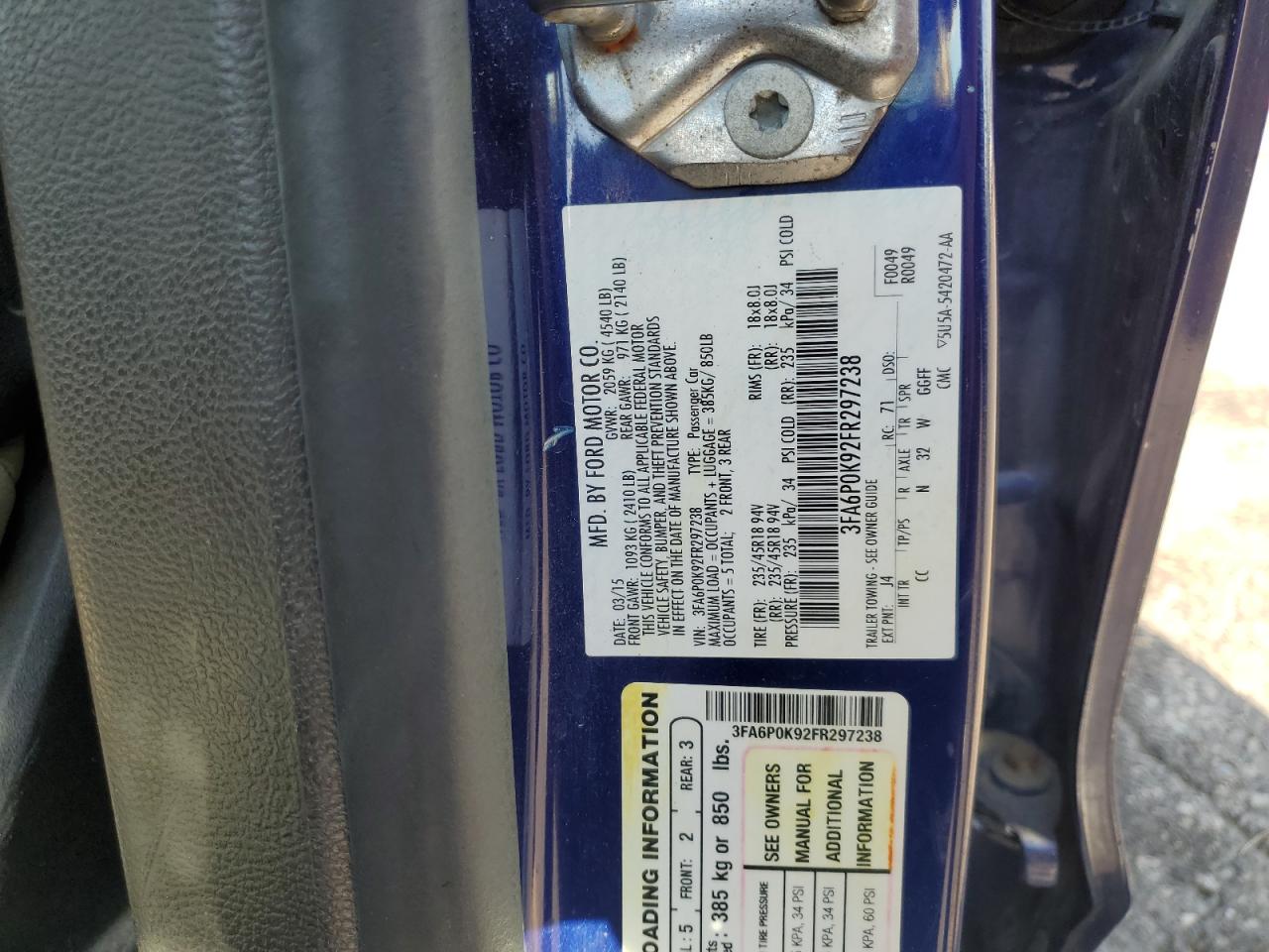 2015 Ford Fusion Titanium VIN: 3FA6P0K92FR297238 Lot: 71182375