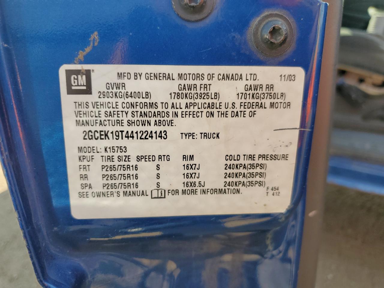 2004 Chevrolet Silverado K1500 VIN: 2GCEK19T441224143 Lot: 81526015