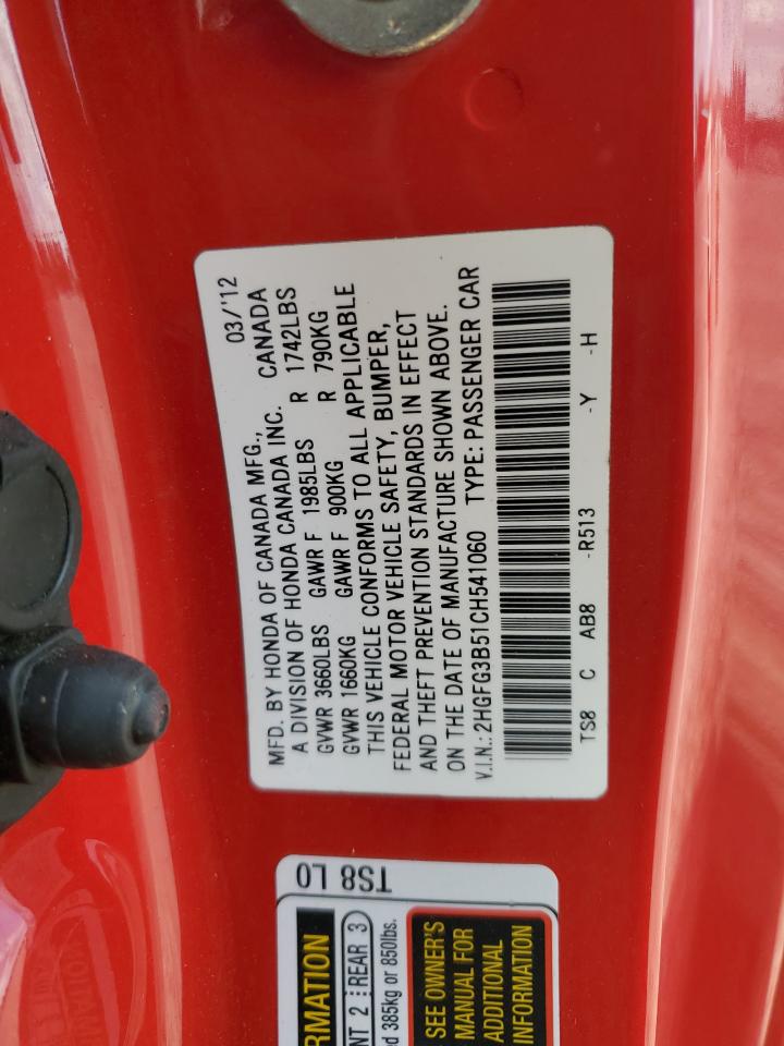 2012 Honda Civic Lx VIN: 2HGFG3B51CH541060 Lot: 80384415