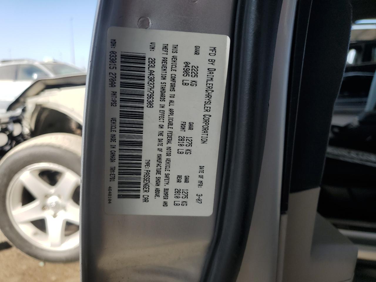 2007 Dodge Charger Se VIN: 2B3LA43R37H796309 Lot: 81757995