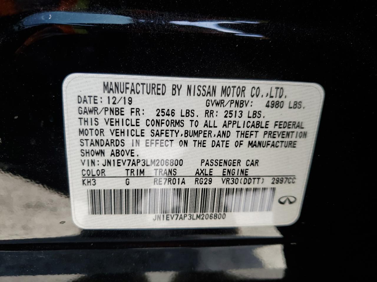 2020 Infiniti Q50 Pure VIN: JN1EV7AP3LM206800 Lot: 80213295