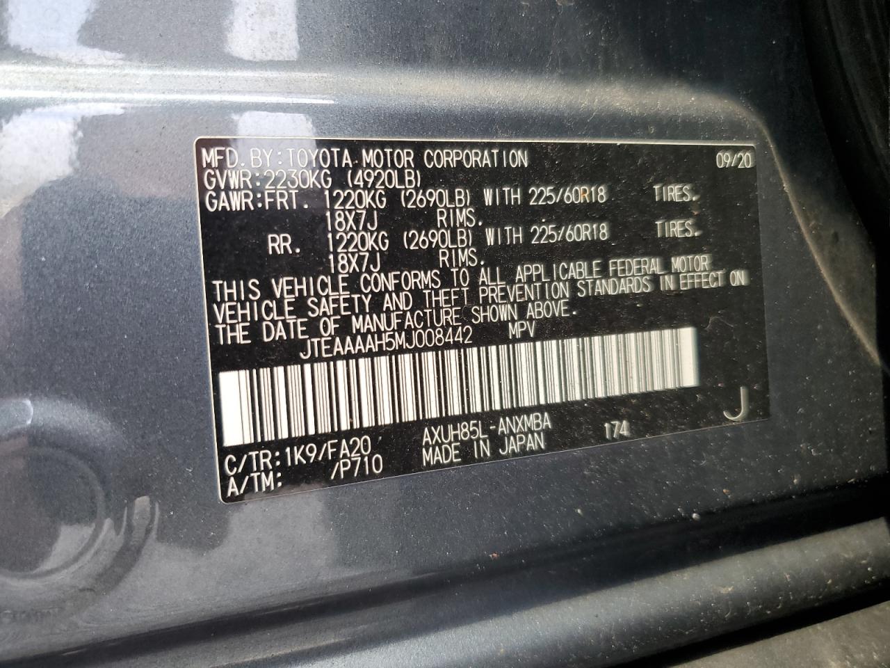 2021 Toyota Venza Le VIN: JTEAAAAH5MJ008442 Lot: 81023825