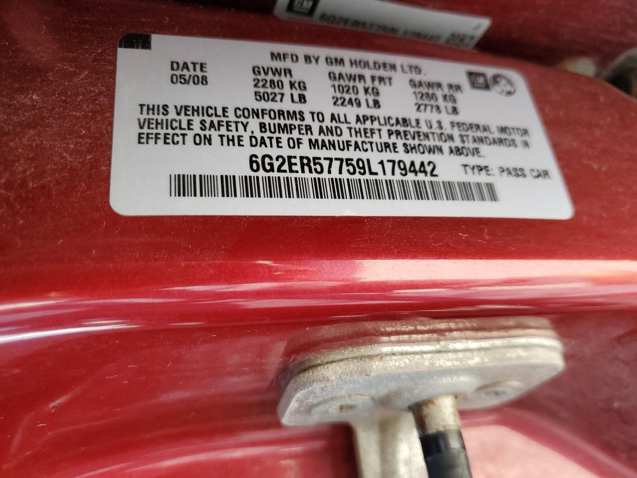 2009 Pontiac G8 VIN: 6G2ER57759L179442 Lot: 71643605