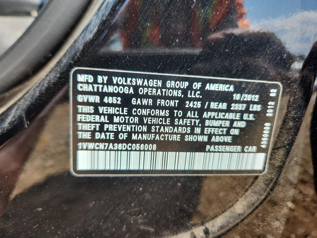 2013 Volkswagen Passat Sel VIN: 1VWCN7A36DC056008 Lot: 72098365