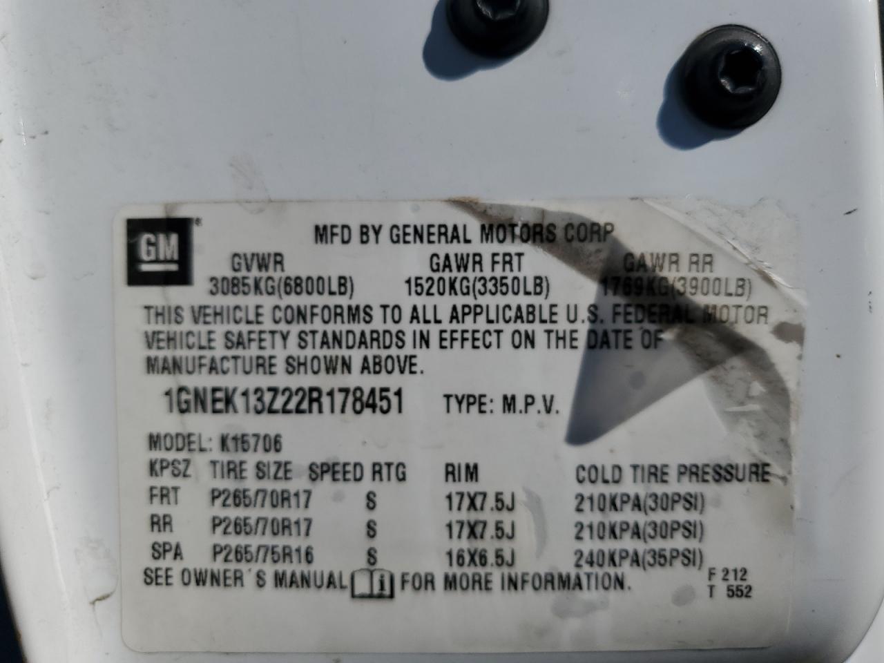 2002 Chevrolet Tahoe K1500 VIN: 1GNEK13Z22R178451 Lot: 72030175