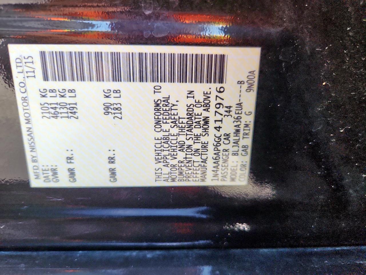 2016 Nissan Maxima 3.5S VIN: 1N4AA6AP6GC417976 Lot: 81075165