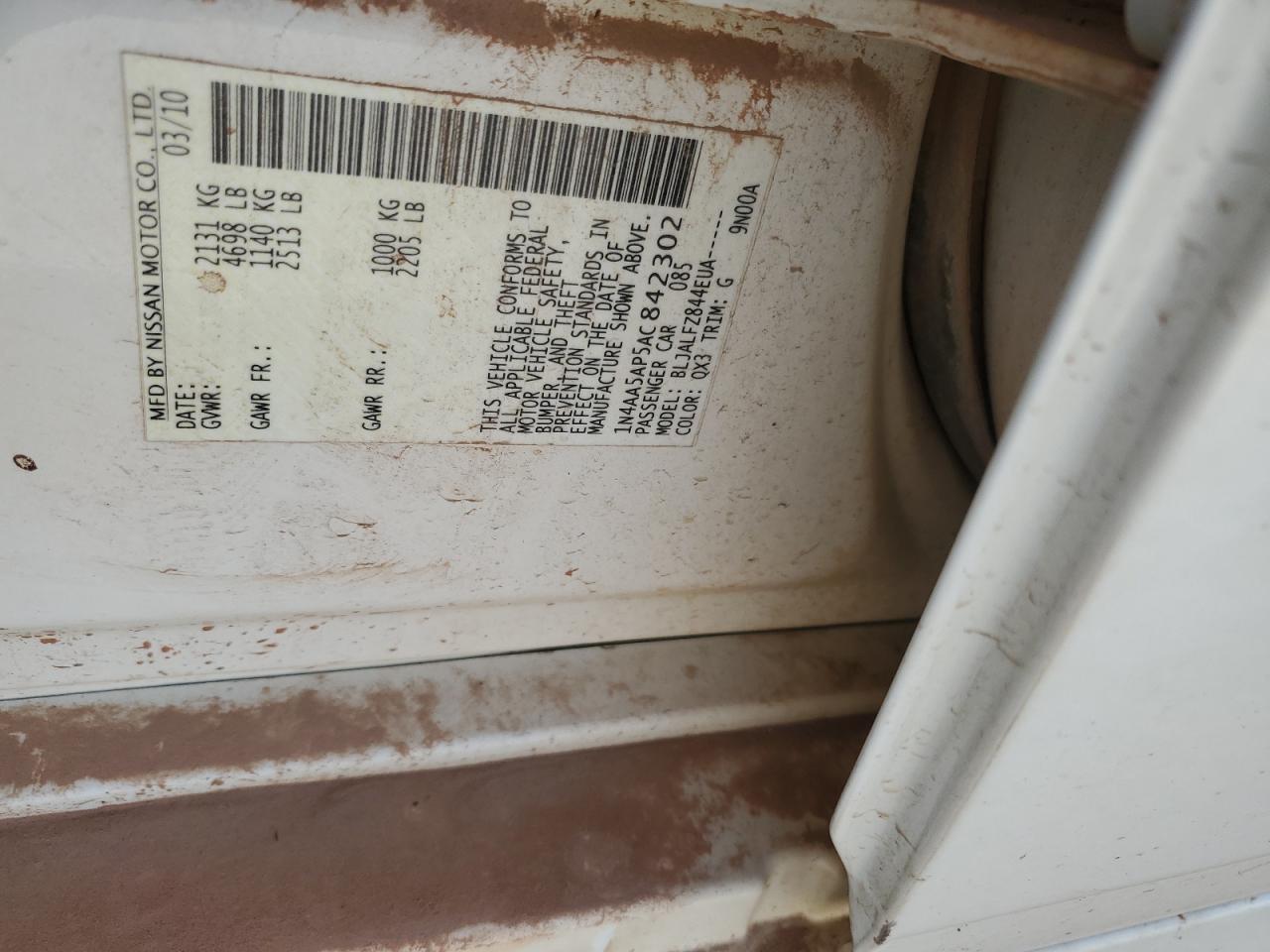 2010 Nissan Maxima S VIN: 1N4AA5AP5AC842302 Lot: 84567335