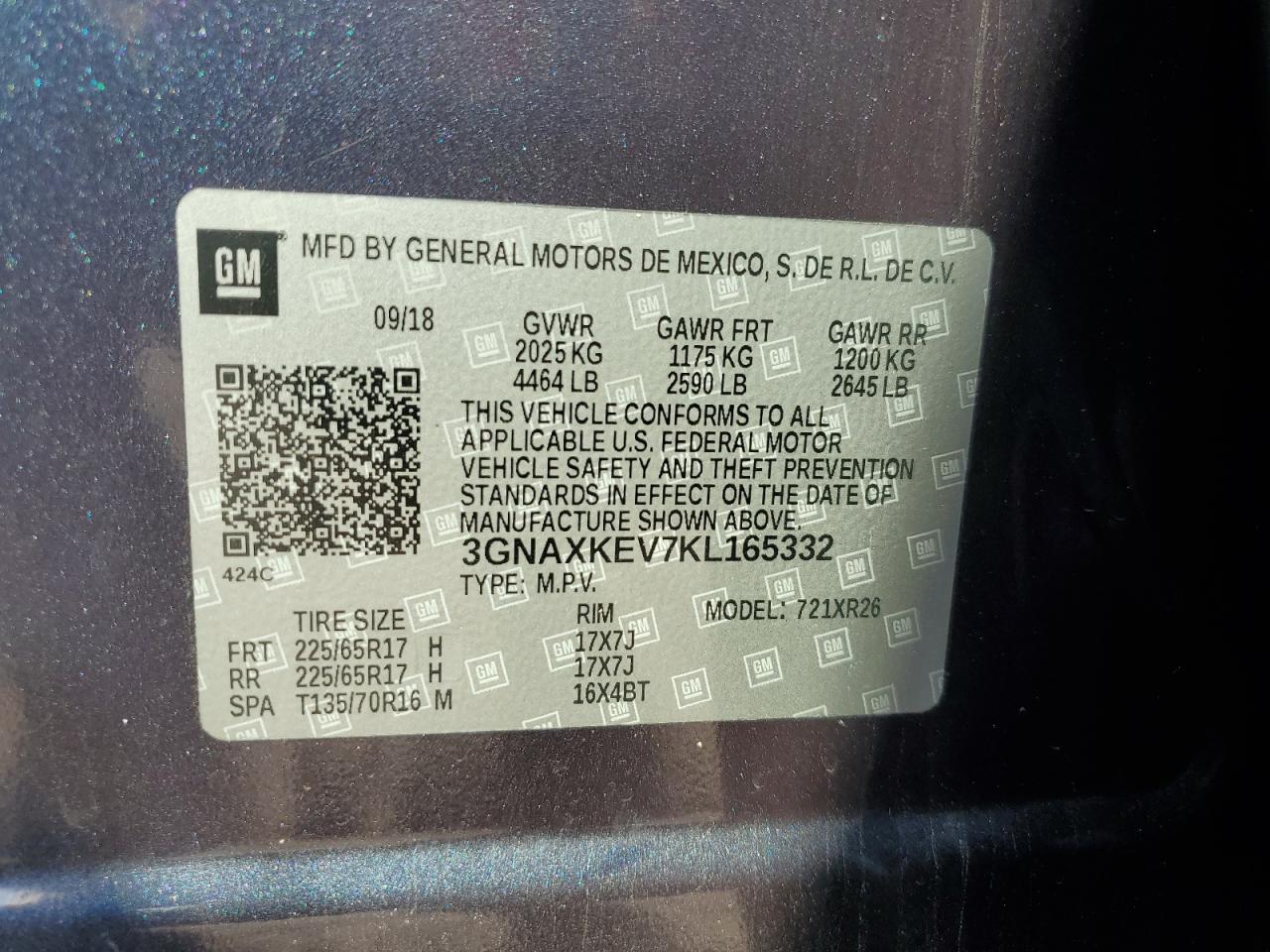 2019 Chevrolet Equinox Lt VIN: 3GNAXKEV7KL165332 Lot: 81763205