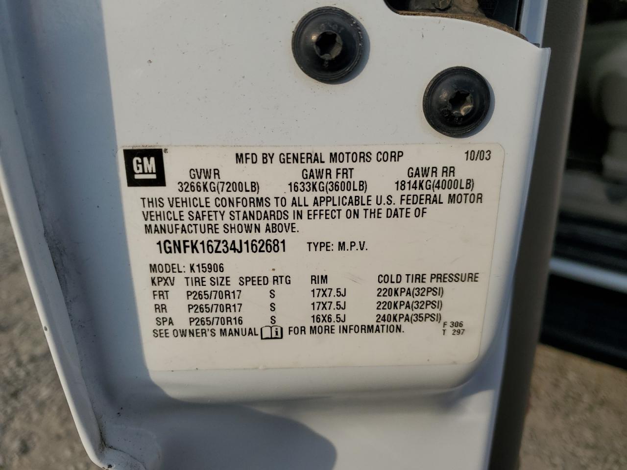 2004 Chevrolet Suburban K1500 VIN: 1GNFK16Z34J162681 Lot: 66778155