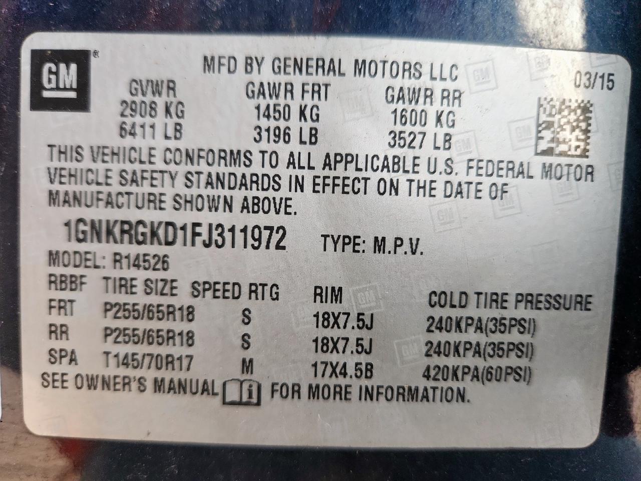 2015 Chevrolet Traverse Lt VIN: 1GNKRGKD1FJ311972 Lot: 82023105