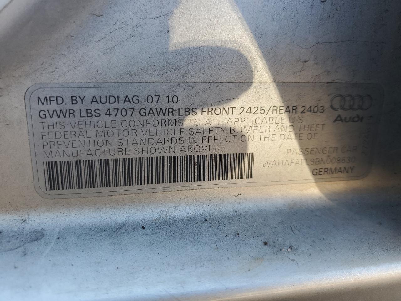 2011 Audi A4 Premium VIN: WAUAFAFL9BN008630 Lot: 71557845