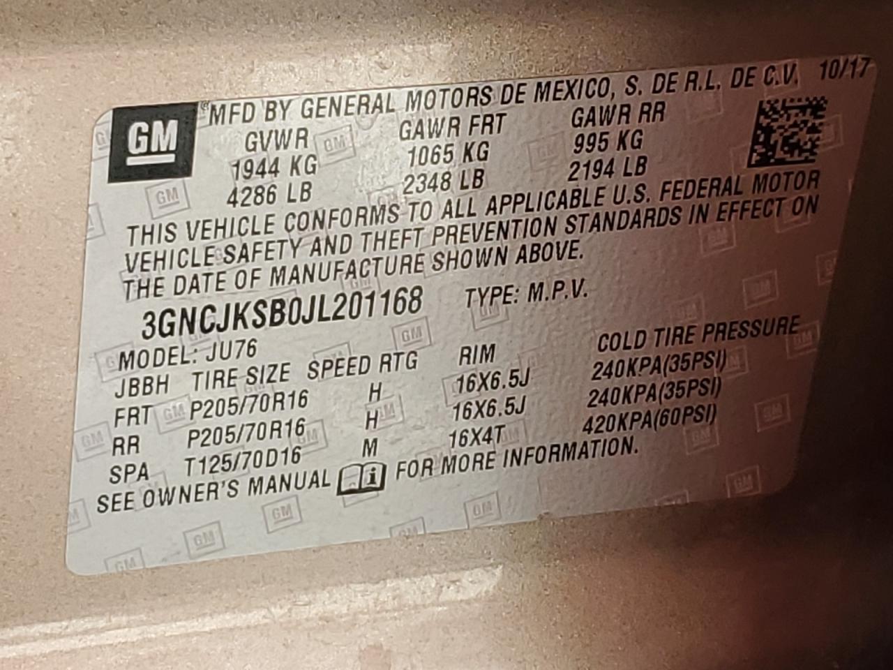 2018 Chevrolet Trax Ls VIN: 3GNCJKSB0JL201168 Lot: 70941615