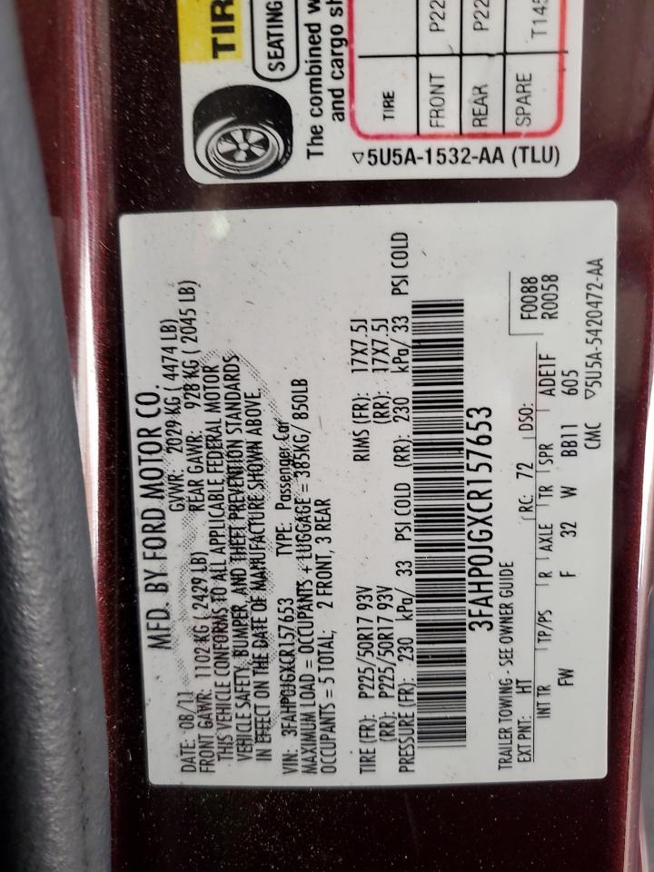 2012 Ford Fusion Sel VIN: 3FAHP0JGXCR157653 Lot: 83980735
