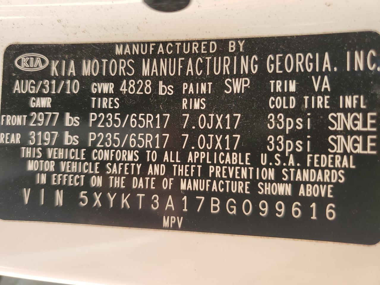 2011 Kia Sorento Base VIN: 5XYKT3A17BG099616 Lot: 80830315