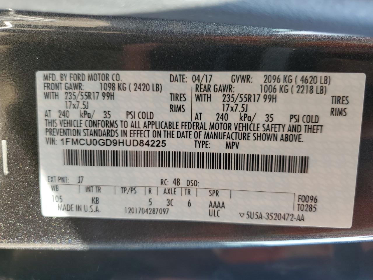 2017 Ford Escape Se VIN: 1FMCU0GD9HUD84225 Lot: 83827245