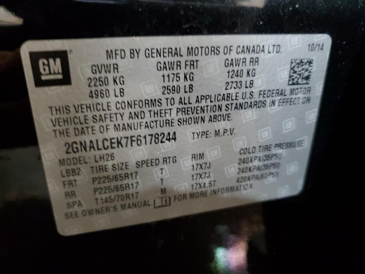 2015 Chevrolet Equinox Lt VIN: 2GNALCEK7F6178244 Lot: 83780685