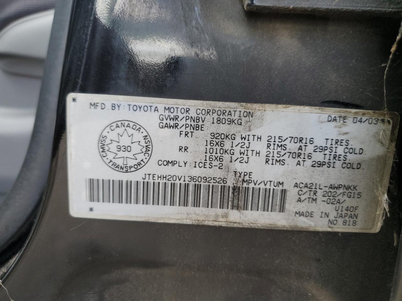 2003 Toyota Rav4 VIN: JTEHH20V136092526 Lot: 83782675