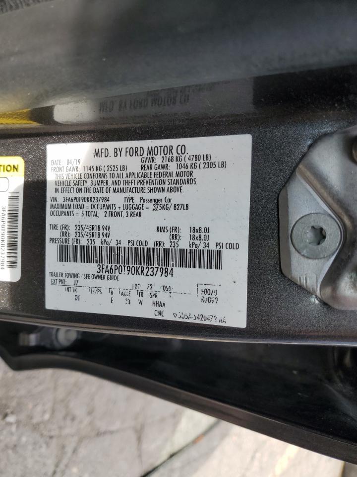 2019 Ford Fusion Se VIN: 3FA6P0T90KR237984 Lot: 81565045