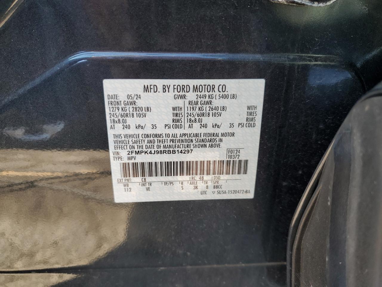 2024 Ford Edge Sel VIN: 2FMPK4J98RBB14297 Lot: 84553465