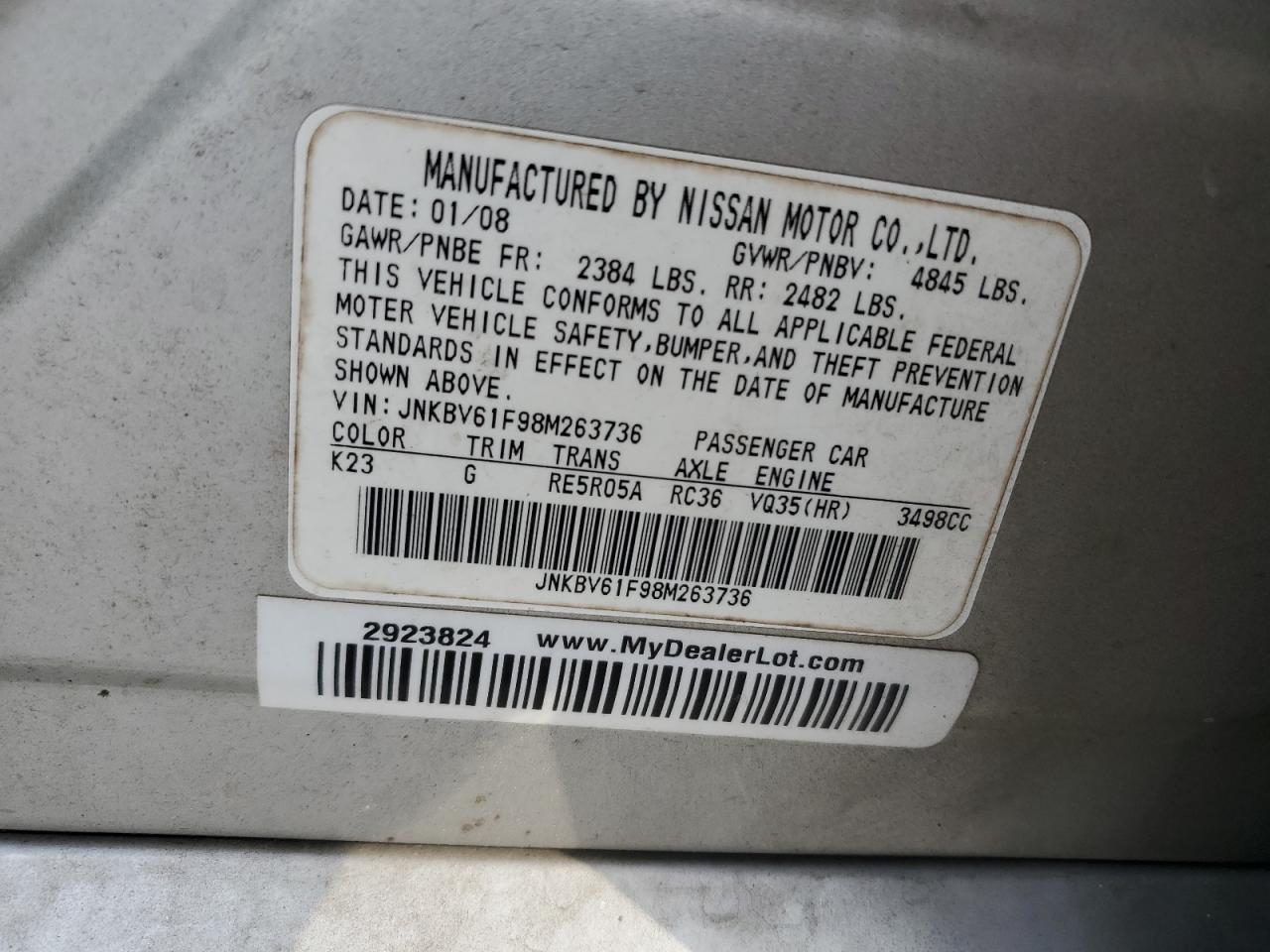 2008 Infiniti G35 VIN: JNKBV61F98M263736 Lot: 80584725