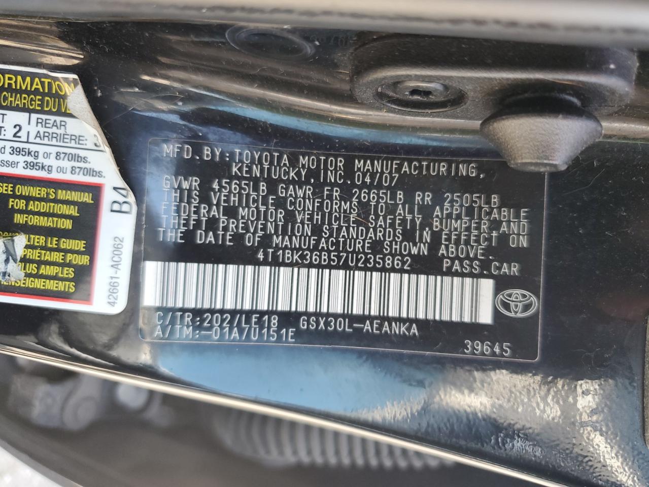 2007 Toyota Avalon Xl VIN: 4T1BK36B57U235862 Lot: 71848915