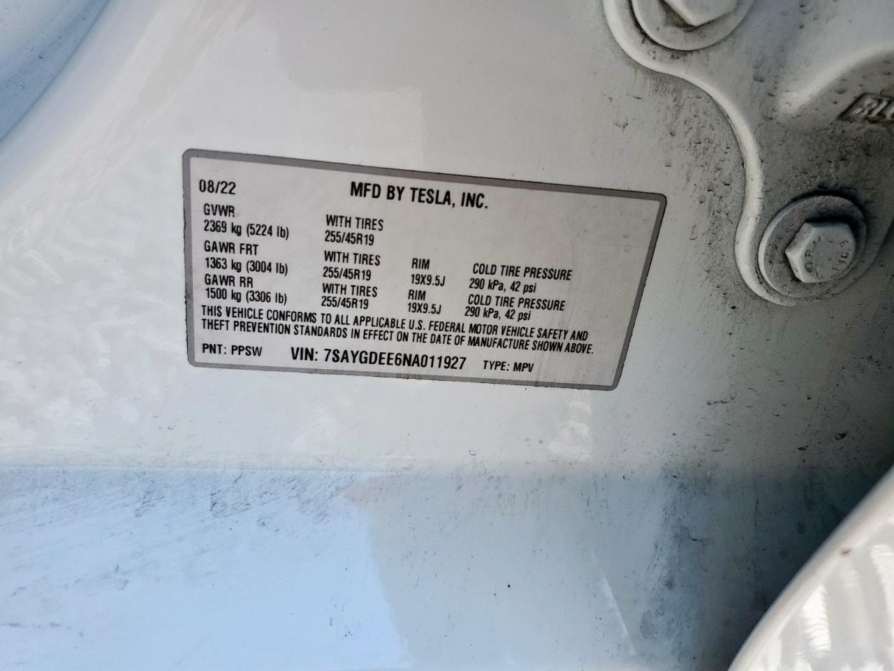 2022 Tesla Model Y VIN: 7SAYGDEE6NA011927 Lot: 84187255