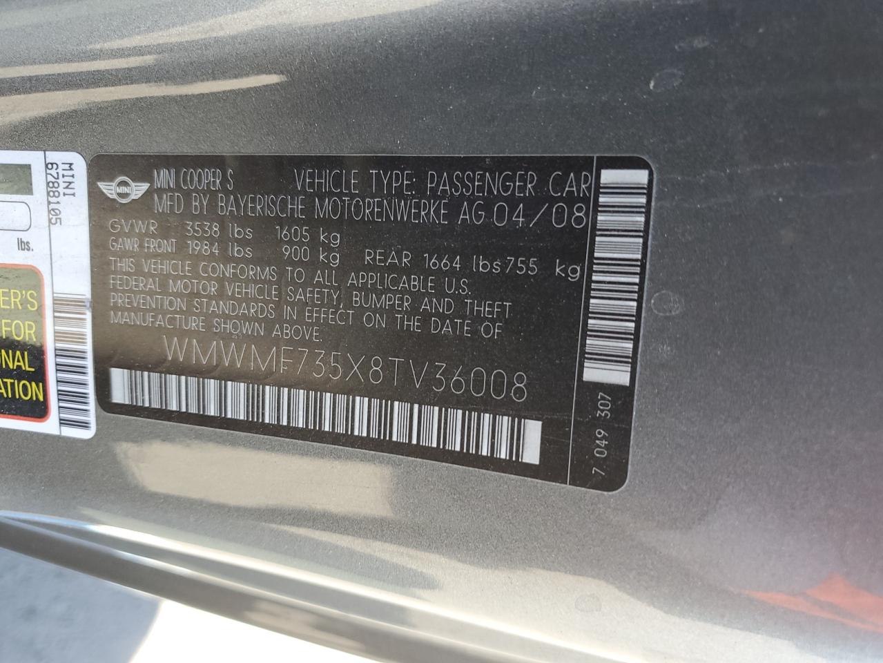 2008 Mini Cooper S VIN: WMWMF735X8TV36008 Lot: 81257325