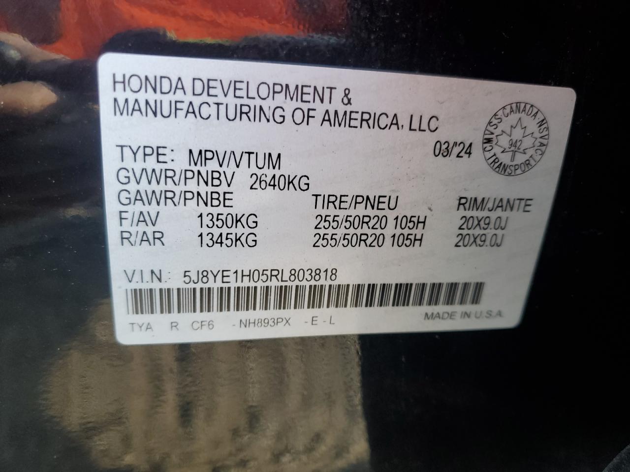 2024 Acura Mdx A-Spec VIN: 5J8YE1H05RL803818 Lot: 80105425