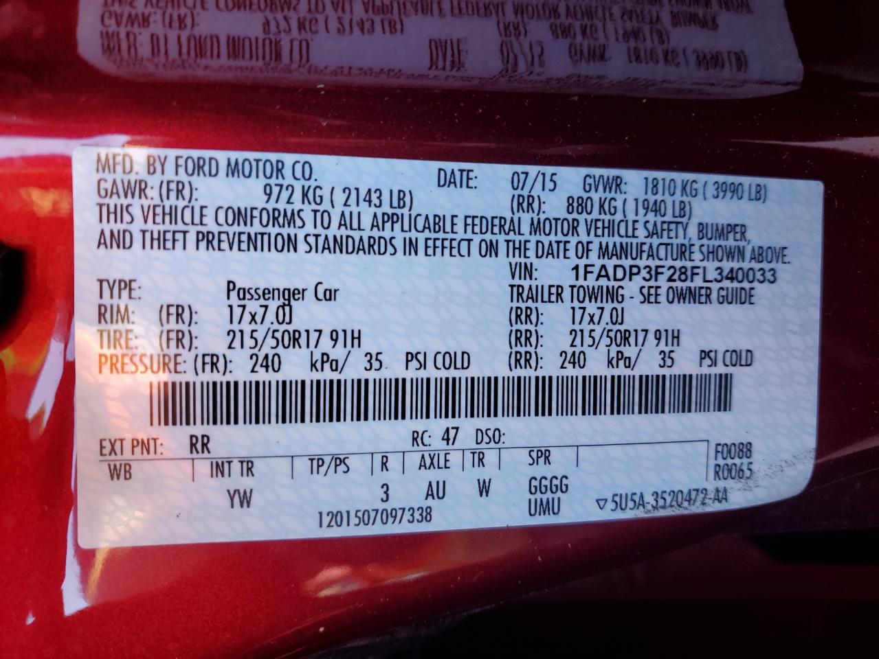 2015 Ford Focus Se VIN: 1FADP3F28FL340033 Lot: 71391705