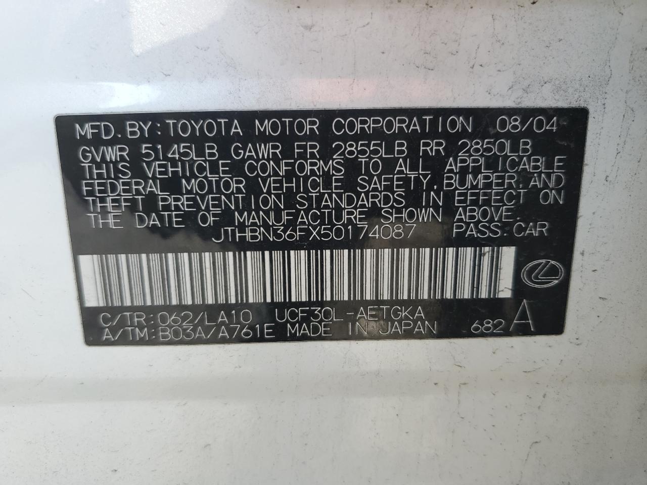 2005 Lexus Ls 430 VIN: JTHBN36FX50174087 Lot: 81817505