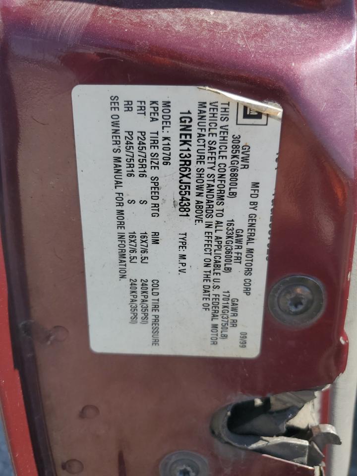 1999 Chevrolet Tahoe K1500 VIN: 1GNEK13R6XJ554381 Lot: 81712375