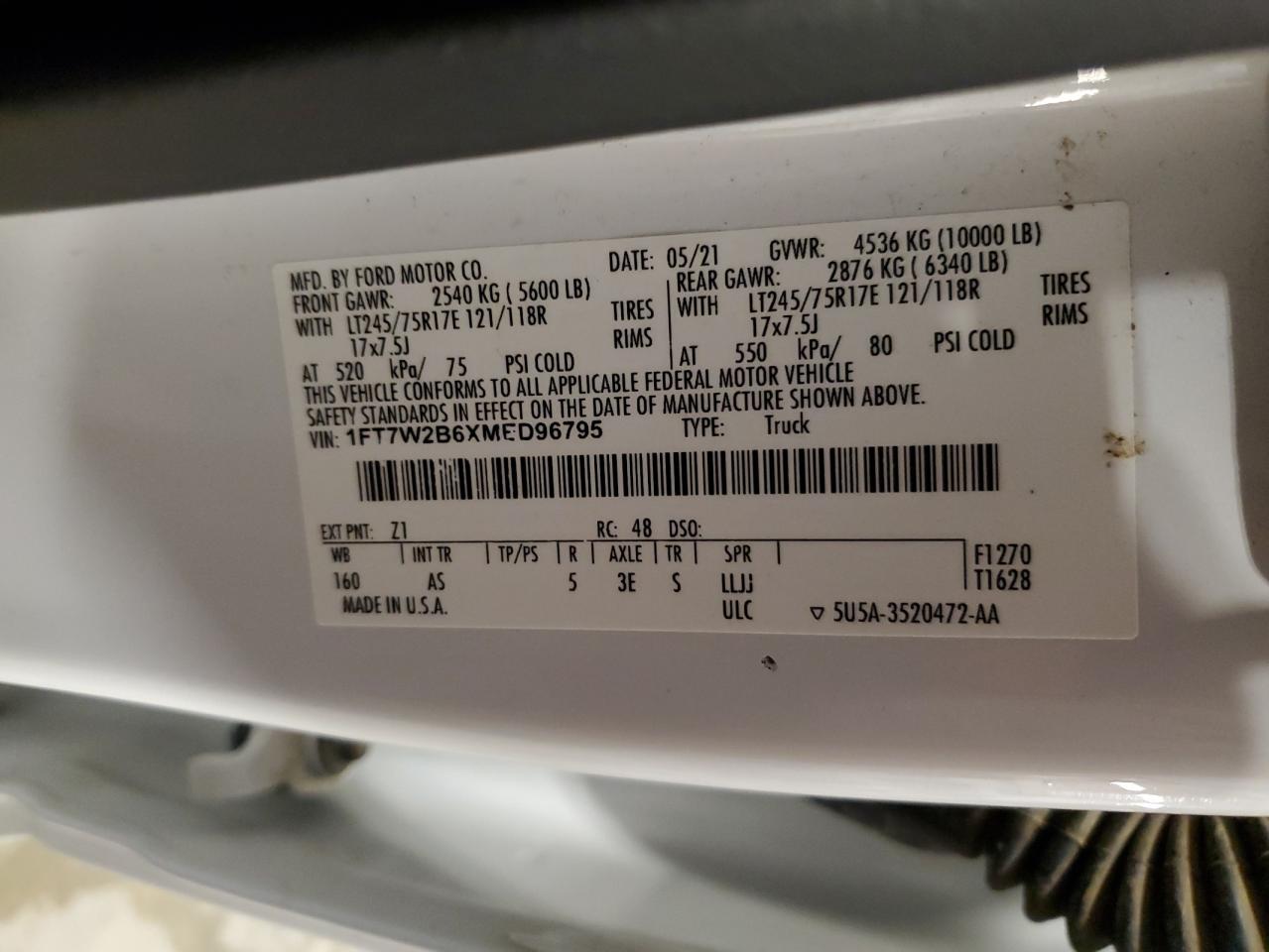 2021 Ford F250 Super Duty VIN: 1FT7W2B6XMED96795 Lot: 80628335