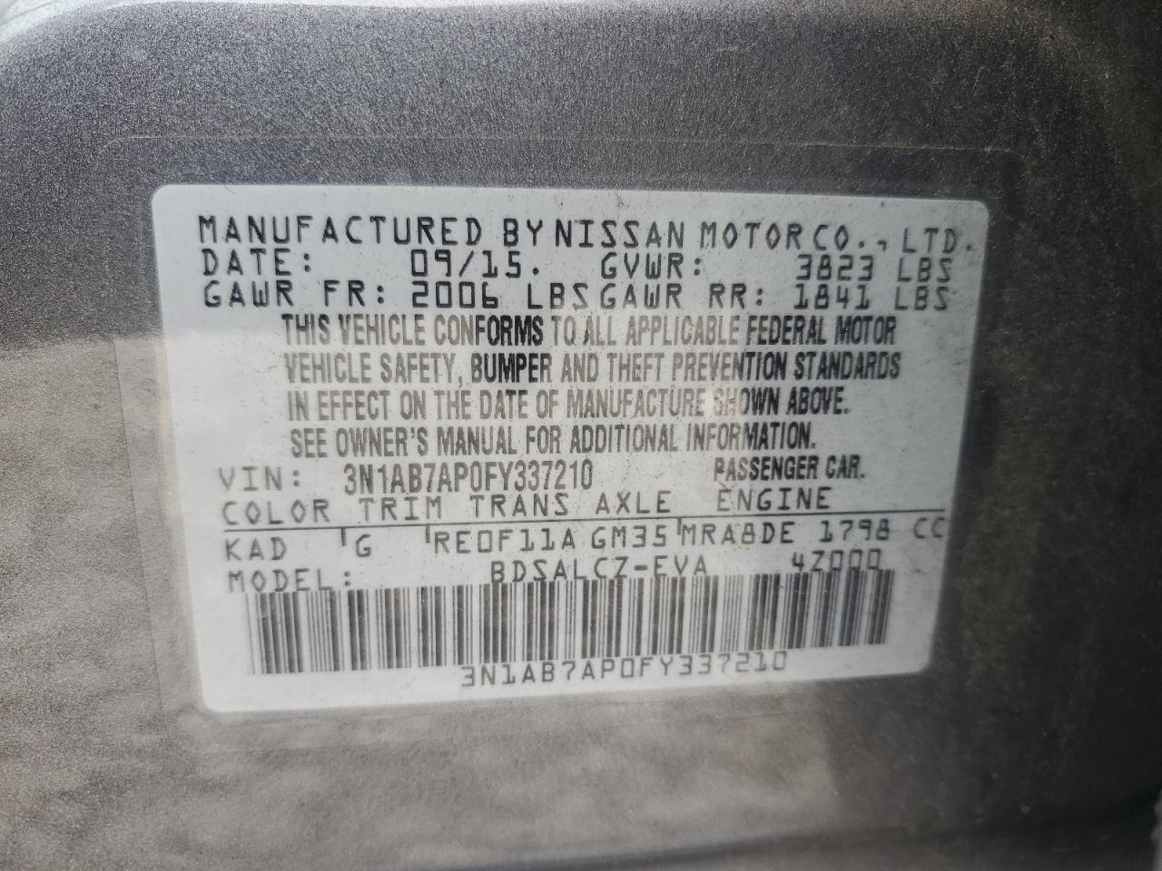 2015 Nissan Sentra S VIN: 3N1AB7AP0FY337210 Lot: 84249885