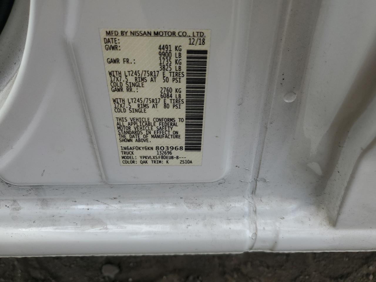 2019 Nissan Nv 2500 S VIN: 1N6AF0KY6KN803968 Lot: 80956655