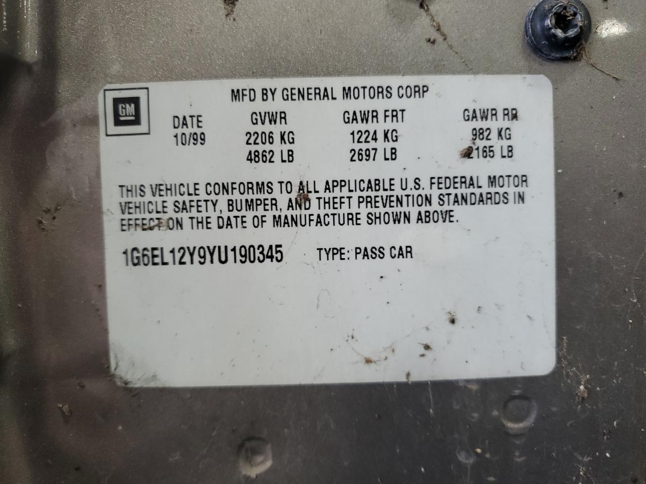 2000 Cadillac Eldorado Esc VIN: 1G6EL12Y9YU190345 Lot: 81111155