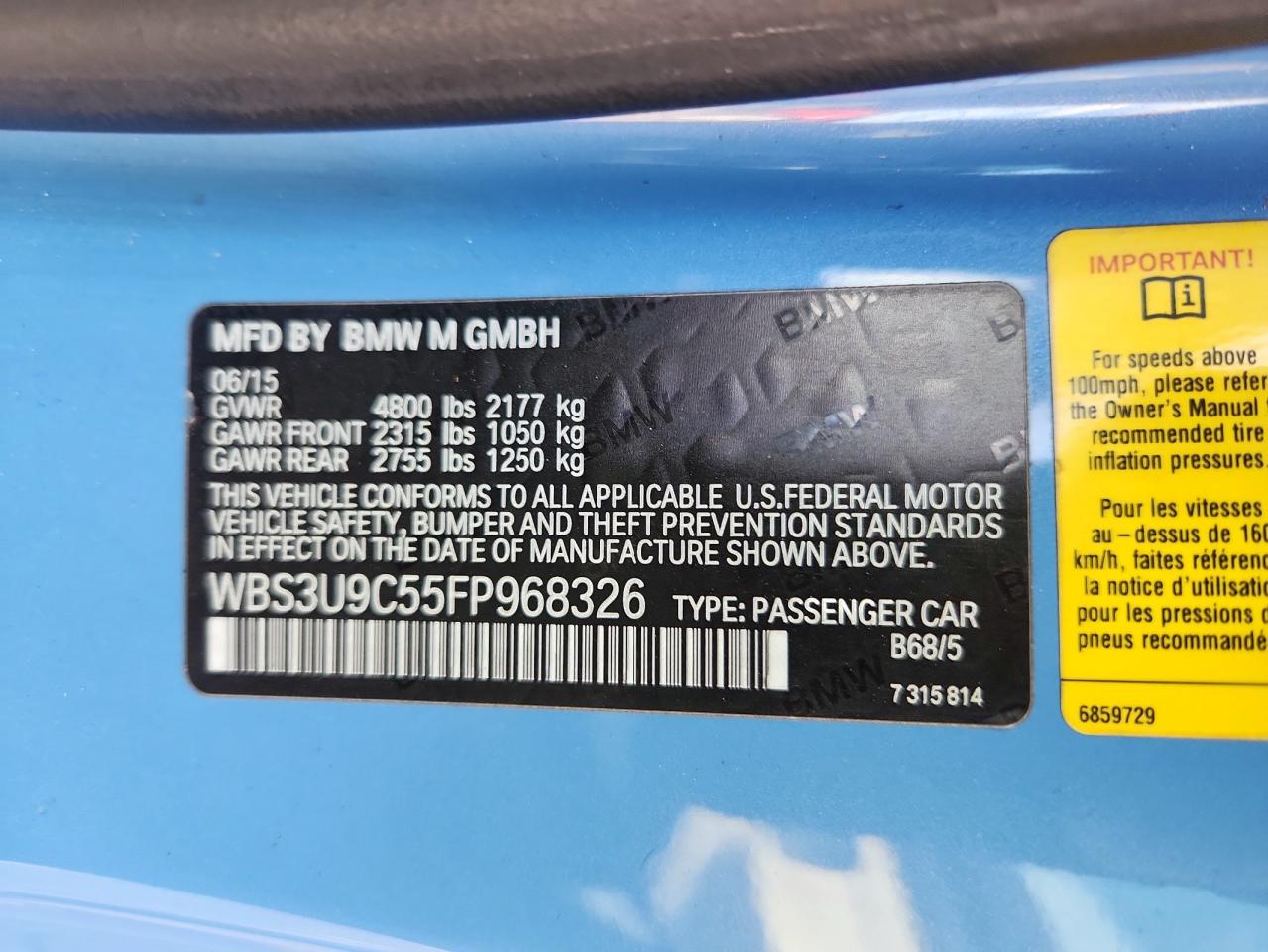 2015 BMW M4 VIN: WBS3U9C55FP968326 Lot: 84218935