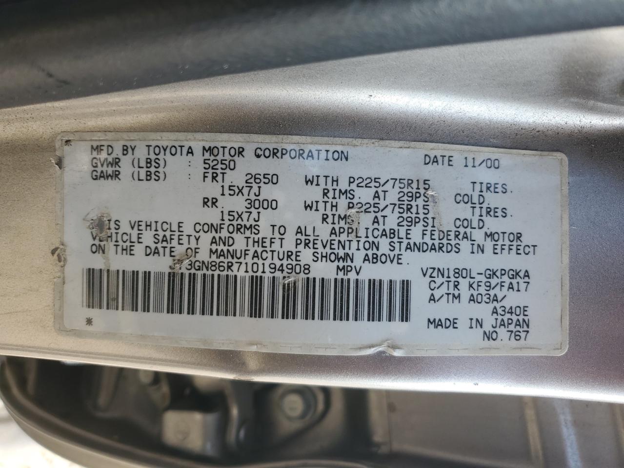 2001 Toyota 4Runner Sr5 VIN: JT3GN86R710194908 Lot: 71106465