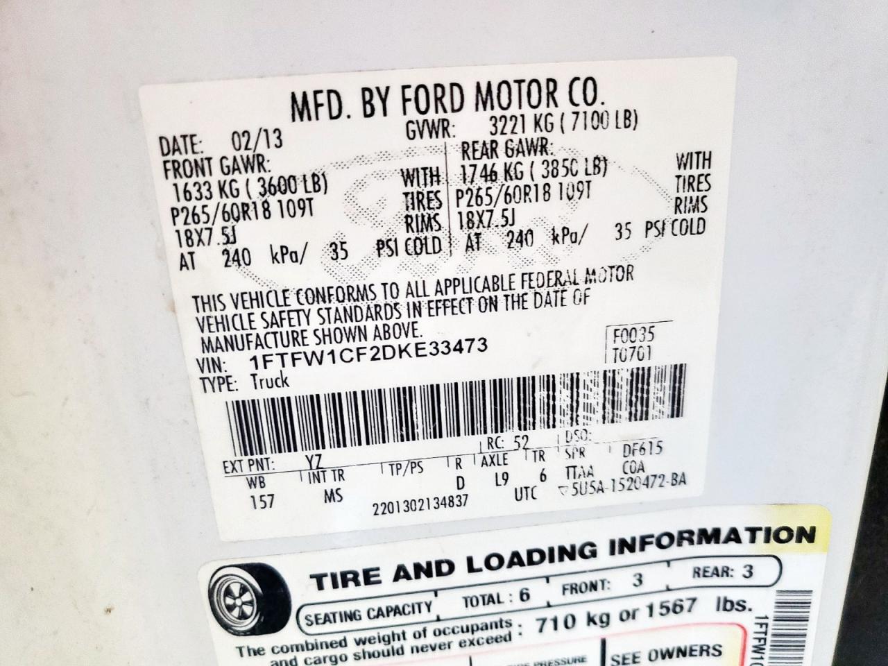 2013 Ford F150 Supercrew VIN: 1FTFW1CF2DKE33473 Lot: 84597495