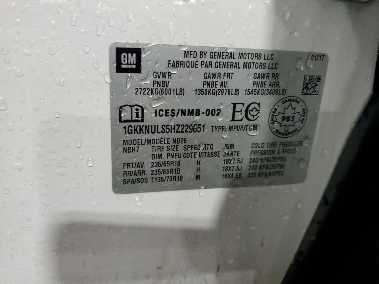 2017 GMC Acadia Slt-1 VIN: 1GKKNULS5HZ229851 Lot: 84561895