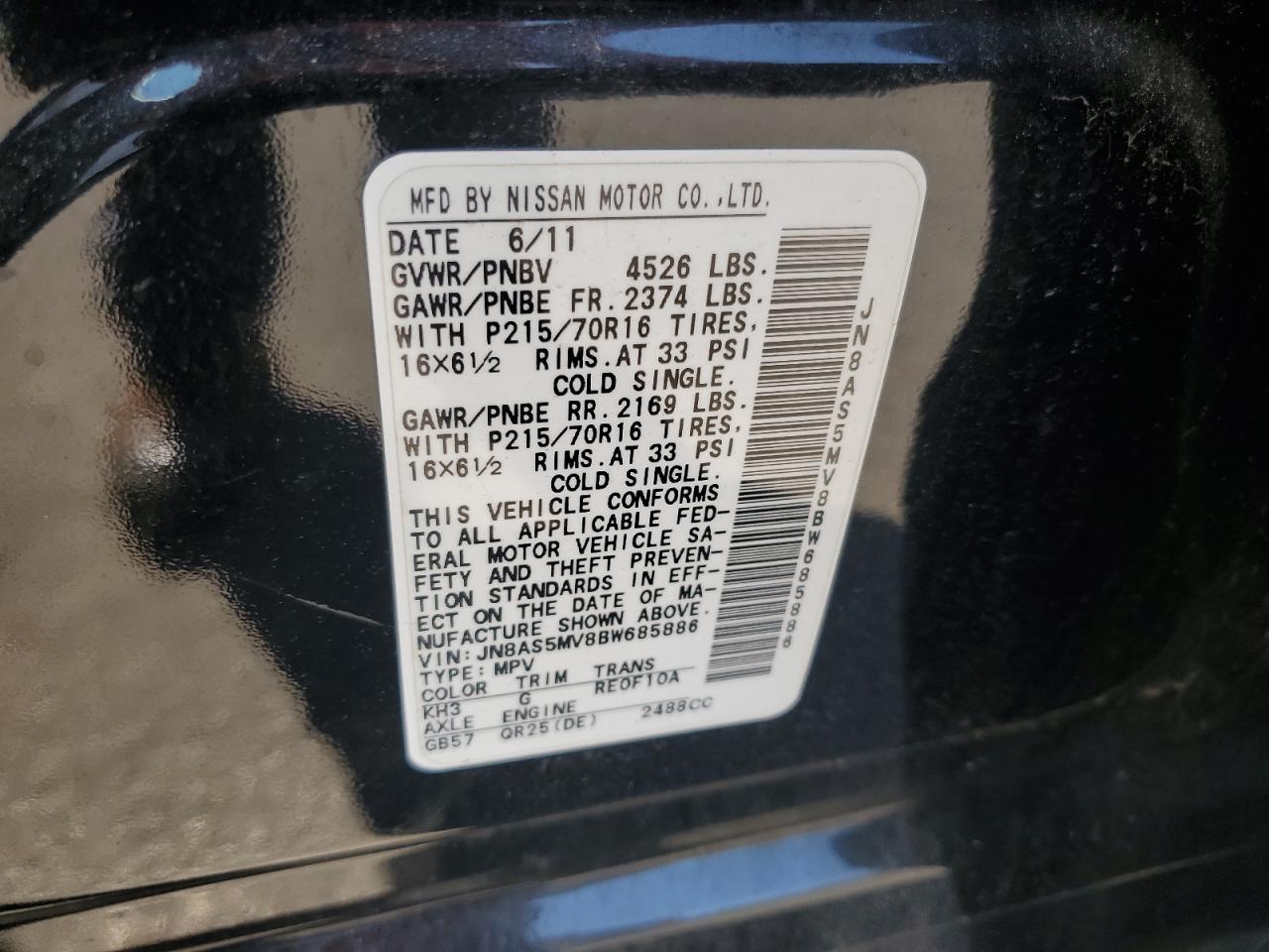 2011 Nissan Rogue S VIN: JN8AS5MV8BW685886 Lot: 80443335