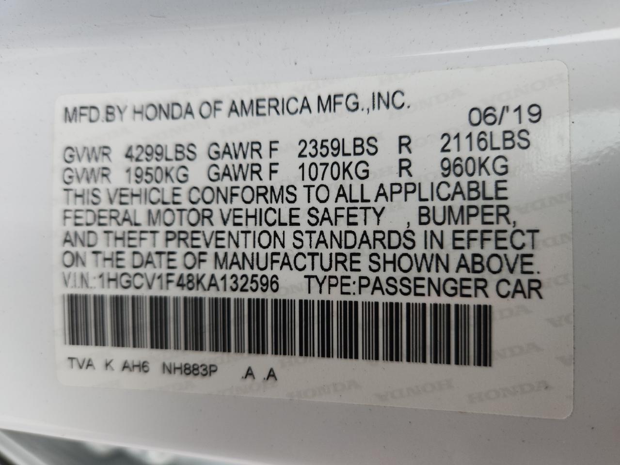 2019 Honda Accord Ex VIN: 1HGCV1F48KA132596 Lot: 80168325